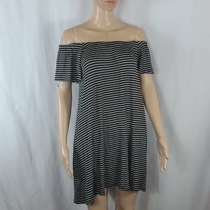 Ruffle Off Shoulder Black White Stripe Flare Dress